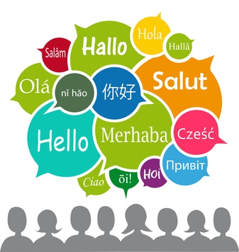Illustration von Sprechblasen mit dem Wort Hallo in verschiedenen Sprachen: Hello, Ola, Merhaba, Salut, Ciao.