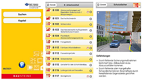 Screenshots der BG BAU Bausteine-App, Stand 2021