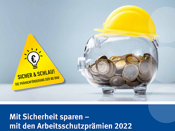 Vorschaubild für den Prämienkatalog 2022: Ein transparentes und mit Euro-Münzen gefülltes Sparschwein trägt einen gelben Helm.